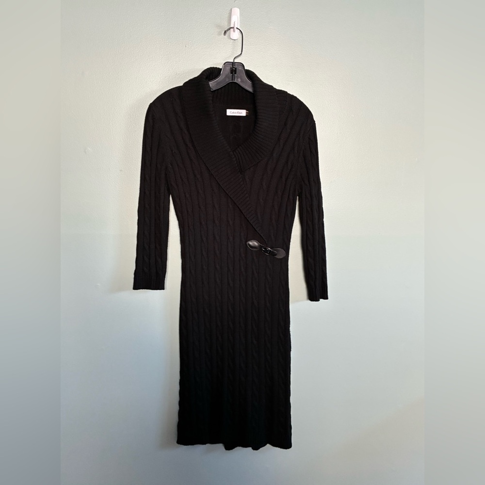 Calvin Klein S Cable Knit Sweater Dress Black 3/4 Sleeve Leather Strap Accent
